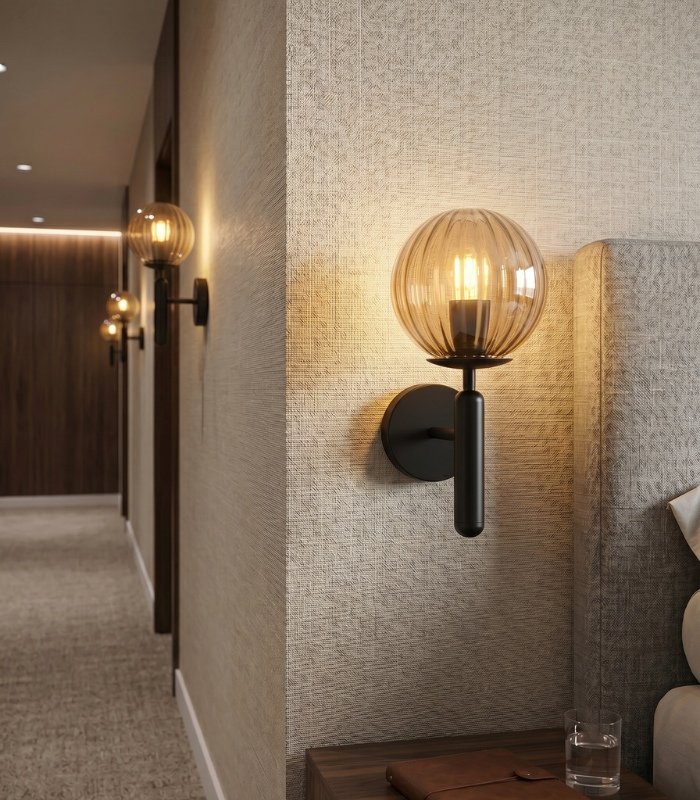 aplique_pared_cristal_ambar_negro_e27_150mm (1) Aplique de pared cristal ámbar y negro E27 IP20 diseño moderno Ø150 - Imagen 1